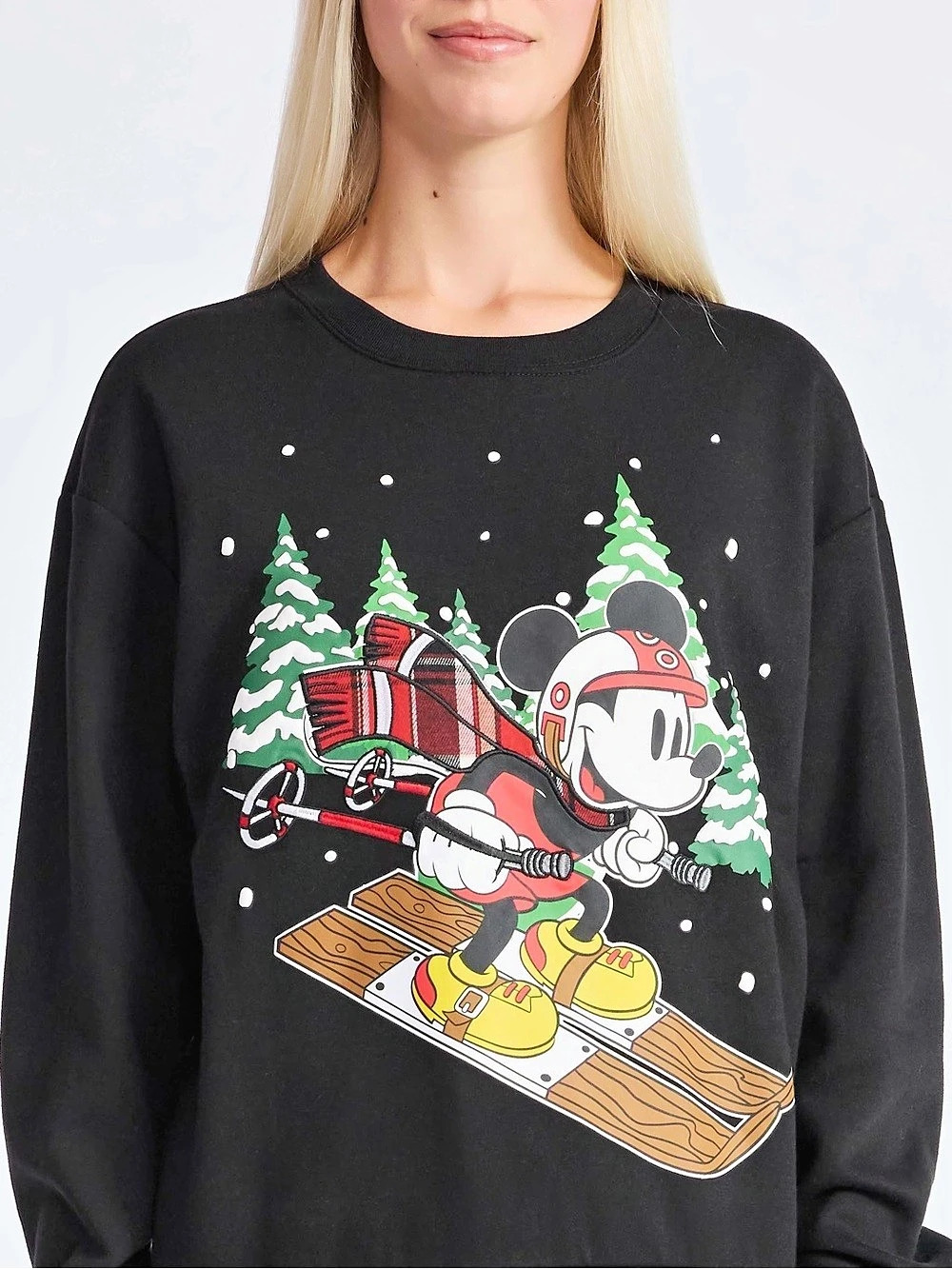Disney Mickey Mouse Skiing Graphic Sweatshirt Black & Red Medium